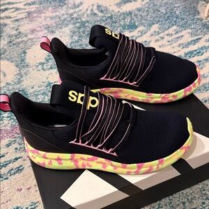 BNWT Adidas Black Slip-On Lite Racer Adapt 7, w/ Pink, Orange & Yellow accents